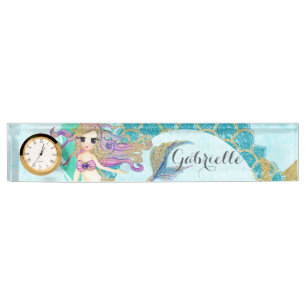 Porte-nom Pour Bureau Aquarelle mignonne de sirène Monogramme Turquoise
