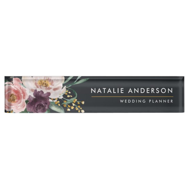 Porte-nom Pour Bureau Aquarelle moderne florale et feuillage élégant (Devant)
