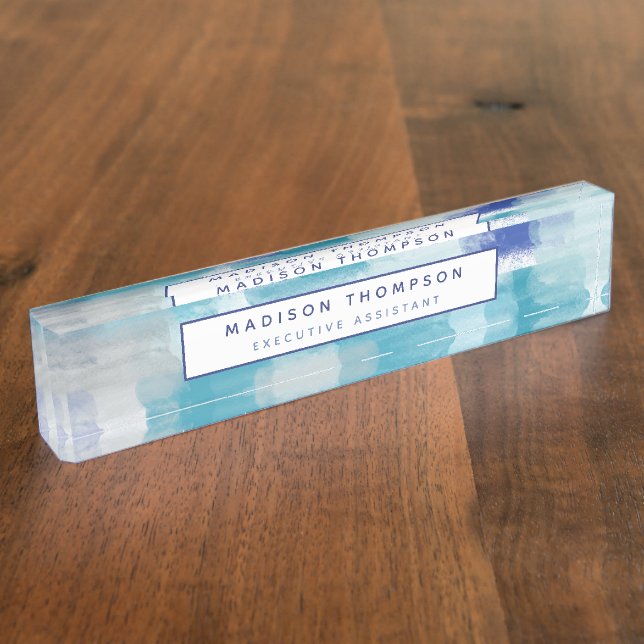 Porte-nom Pour Bureau Aquarelle moderne turquoise et gris Art Abstrait (Taille)