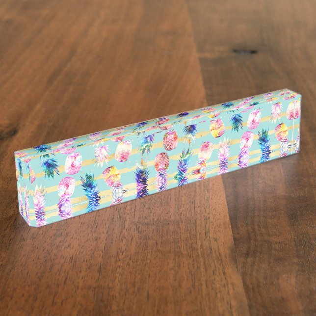 Porte-nom Pour Bureau Aquarelle Nebula Ananas Gold Stripes Design (Taille)