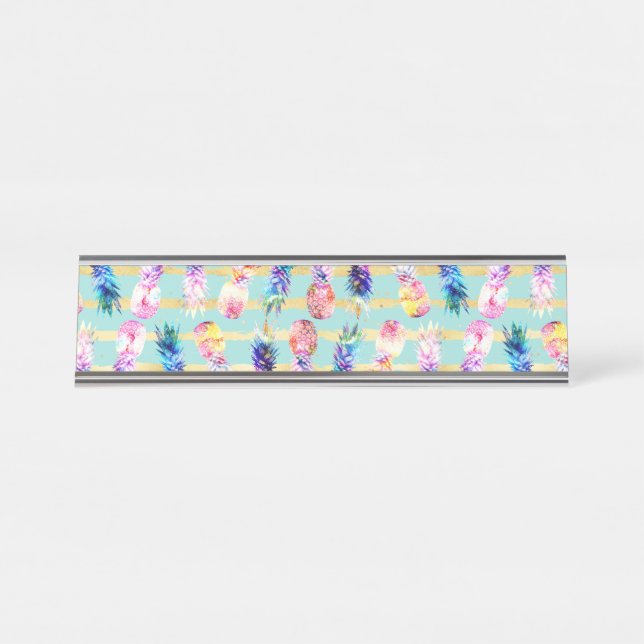 Porte-nom Pour Bureau Aquarelle Nebula Ananas Gold Stripes Design (Devant)