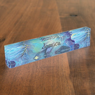 Porte-nom Pour Bureau Aquarelle peinte à la main Aqua florale et Blues