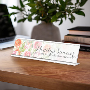 Porte-nom Pour Bureau Aquarelle peinte Fleurs Nom de calligraphie