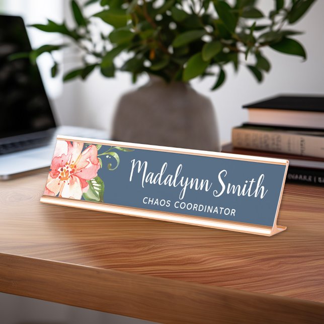 Porte-nom Pour Bureau Aquarelle peinte Motif Floral Nom personnalisé (Professional Name Plate with Watercolor Flowers)