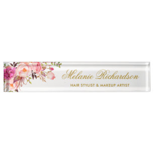 Porte-nom Pour Bureau Aquarelle rose Blush Or Floral
