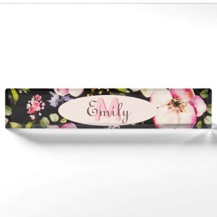 Porte-nom Pour Bureau Aquarelle rose Roses jaunes sur noir, Monogramme