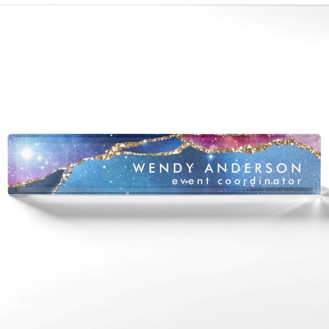 Porte-nom Pour Bureau Aquarelle tendance Galaxy Gold Parties scintillant (Devant)