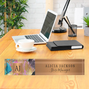 Porte-nom Pour Bureau Art moderne motif abstrait or noir monogrammed