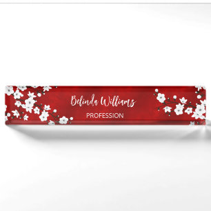 Porte-nom Pour Bureau Asie Floral blanc cerisier rouge