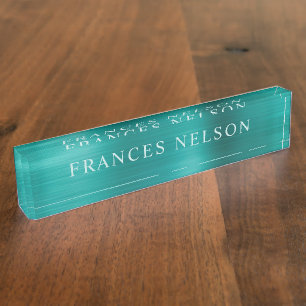 Porte-nom Pour Bureau Aspect Métallisé Aqua Sarcelle Serif Élégant
