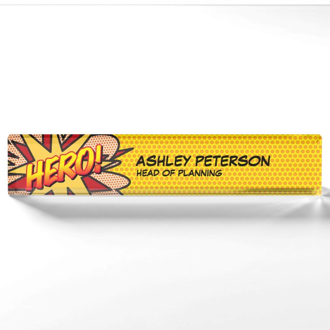 Porte-nom Pour Bureau Bande dessinée rétro amusante HERO (Devant)