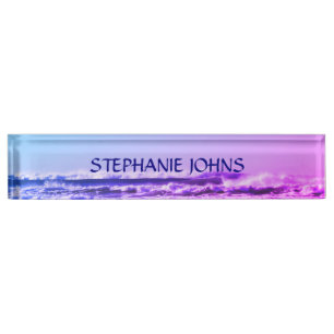 Porte-nom Pour Bureau Beach Ocean Wave Nom Monogramme Water Pink Ombre