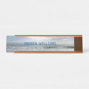 Porte-nom Pour Bureau Beach Ocean Waves Monogramme Nom Blue Grey