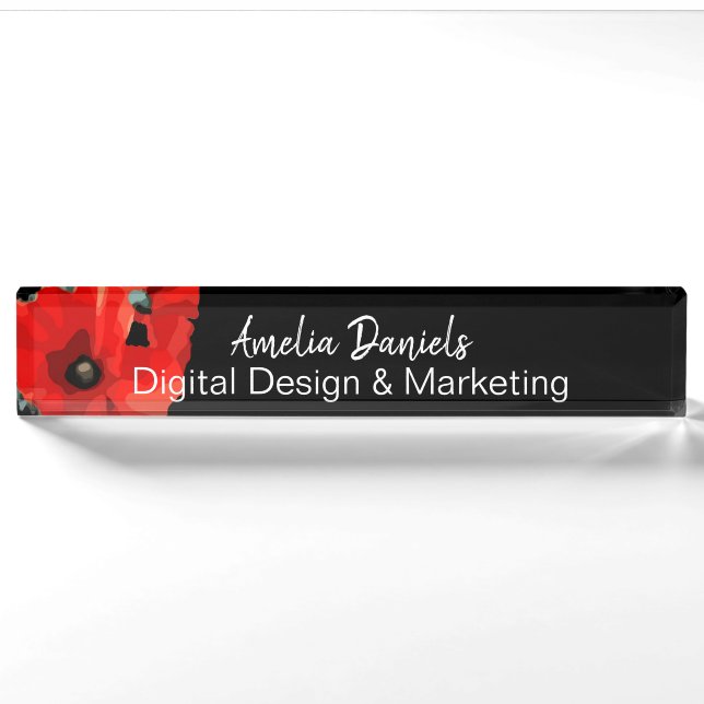 Porte-nom Pour Bureau Beau Poppy rouge sur plaque noire (Devant)