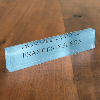 Porte-nom Pour Bureau Bébé bleu métallisé aspect sérif élégant