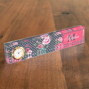 Porte-nom Pour Bureau Belle tendance girly vintage monogramme roses