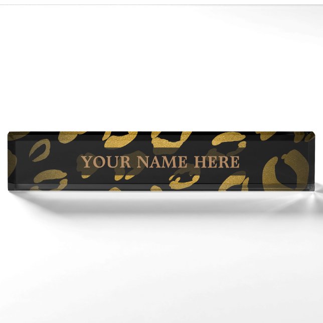 Porte-nom Pour Bureau Black & Gold Cheetah Leopard Glam Personnalisé (Devant)