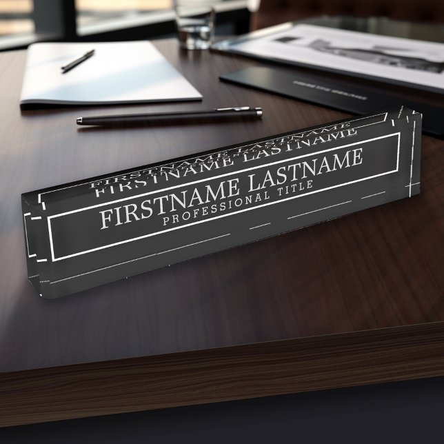 Porte-nom Pour Bureau Black White Classy Nom de la bordure Titre profess (Personalized Name Plate - Custom Logo Executive Desk Plate with Name and Professional Title)