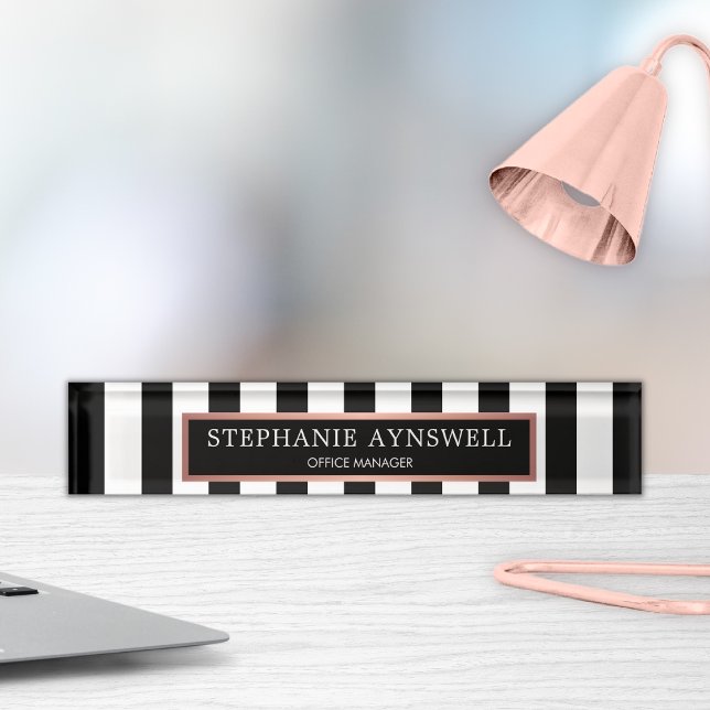 Porte-nom Pour Bureau Black White Stripes Rose Gold Personnalisé (Créateur téléchargé)