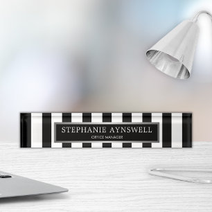 Porte-nom Pour Bureau Black White Stripes Silver Personnalisé
