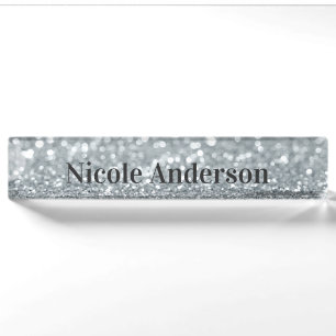 Porte-nom Pour Bureau Blanc Argenté Paillettes Étincelantes Cadeau Éléga