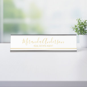 Porte-nom Pour Bureau Blanc professionnel et or avec nom de script
