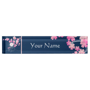 Porte-nom Pour Bureau Bleu de Sakura rose lune aux fleurs de cerisiers d