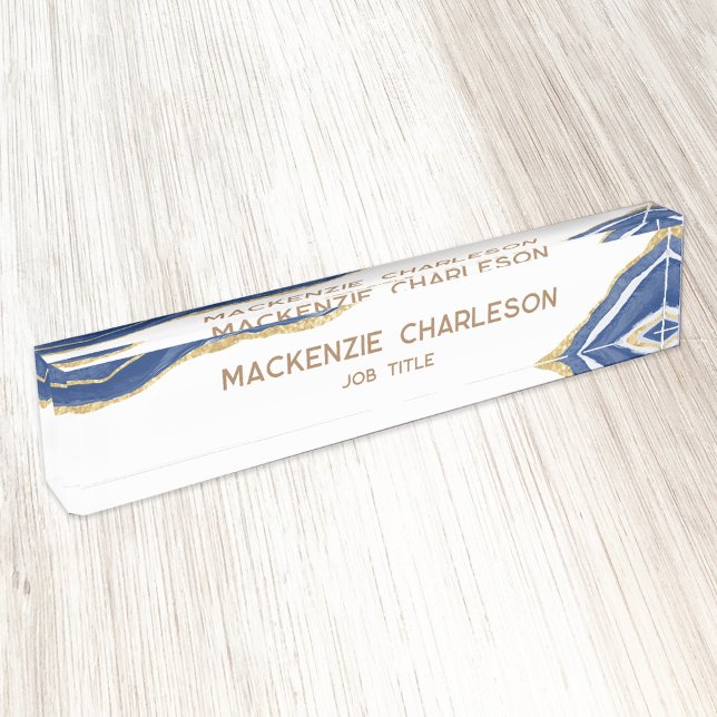 Porte-nom Pour Bureau Bleu Marbre Agate Gold Parties scintillant Profess (Blue, gold and white personalized custom text agate marble watercolor professional desk name plate)
