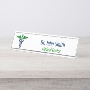 Porte-nom Pour Bureau Blue Médicale Caduceus Green Wings Cross élégant