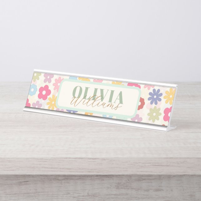 Porte-nom Pour Bureau Boho 70's Retro Daisy Flowers (Devant)