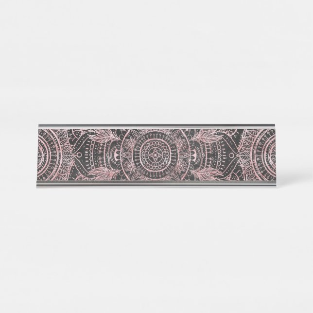 Porte-nom Pour Bureau Boho Rose Gold Grey Mandala Design élégant (Devant)
