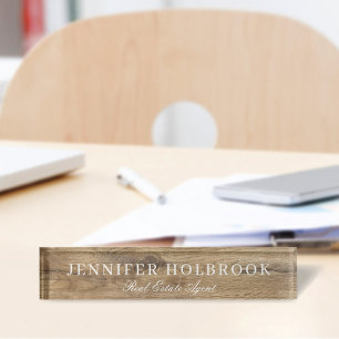 Porte-nom Pour Bureau Bois rustique + Typographie blanche élégante