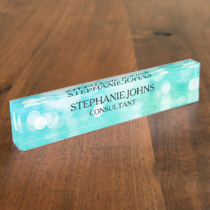 Porte-nom Pour Bureau Bokeh Motifs Blue Turquoise Aqua Monogramme Nom Mo