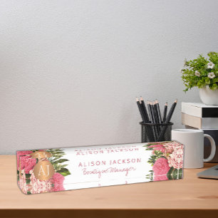 Porte-nom Pour Bureau Boutique de fleurs rose pâle manager monogrammed