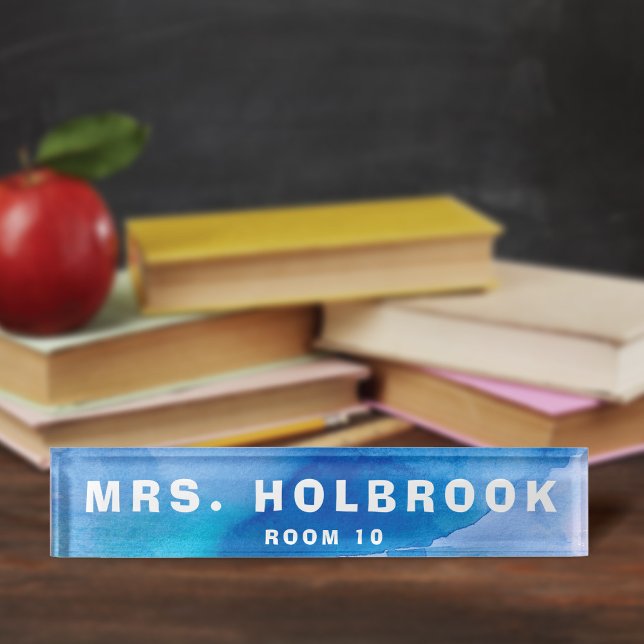 Porte-nom Pour Bureau Bureau de l'enseignant d'aquarelle bleue inspirée  (Créateur téléchargé)