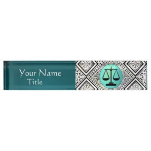 PORTE-NOM POUR BUREAU BUREAU JURIDIQUE, DAMASSÉ TURQUOISE DE BLANC DE