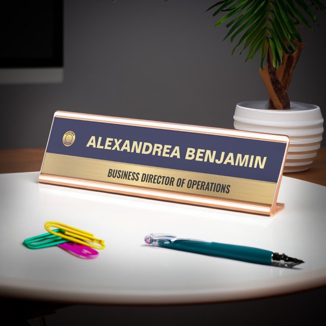 Porte-nom Pour Bureau Business Employee Logo Gold Blue Modern Custom (Business Employee Logo Gold Blue Modern Custom Desk Name Plate is elegant for your office. )