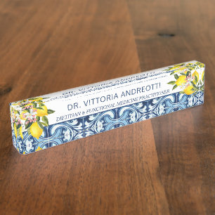 Porte-nom Pour Bureau Cadeaux de bureau carreaux bleus et citrons thème