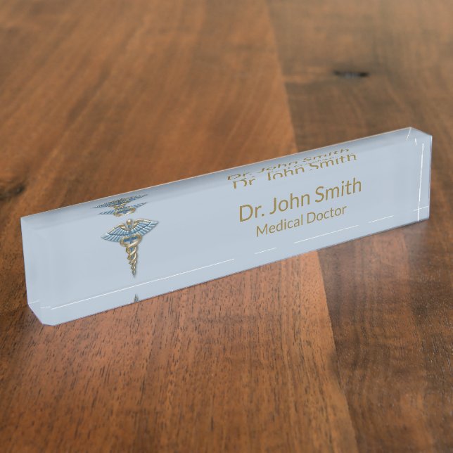 Porte-nom Pour Bureau Caducée en or bleu Médicale fin (Taille)