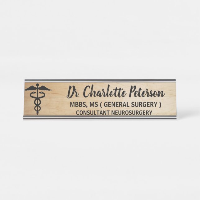 Porte-nom Pour Bureau Caduceus Médecins en bois (Devant)