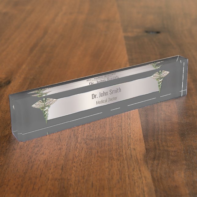 Porte-nom Pour Bureau Caduceus Médicale Chrome Holographique 3D (Taille)