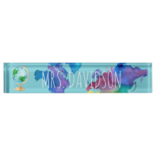Porte-nom Pour Bureau Carte du monde aquarelle