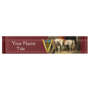 Porte-nom Pour Bureau Cheval blanc avec chien / SYMBOLE VÉTÉRINAIRE CADU