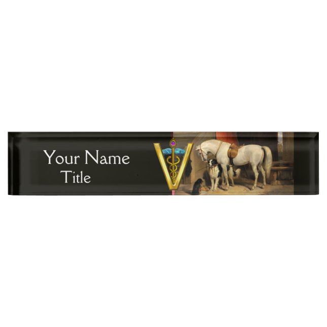 Porte-nom Pour Bureau Cheval blanc avec chien / SYMBOLE VÉTÉRINAIRE CADU (Devant)