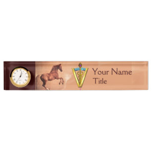 PORTE-NOM POUR BUREAU CHEVAL ROUGE ET SYMBOLE VÉTÉRINAIRE DE CADUCIE D'O