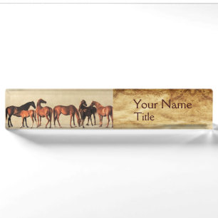 Porte-nom Pour Bureau CHEVAUX /MARES ET POULAINS, parchemin Brown