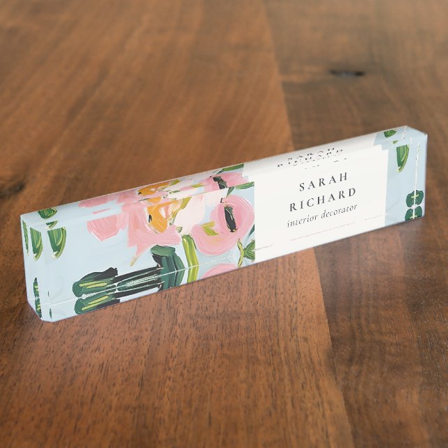 Porte-nom Pour Bureau Chic Boho coloré rose bleu vert peint Floral (Taille)