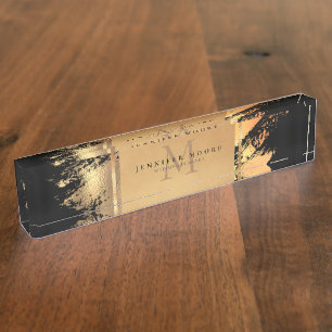 Porte-nom Pour Bureau Chic Faux Gold Glam Brushstroke Monogramme