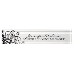 Porte-nom Pour Bureau Chic floral noir et blanc