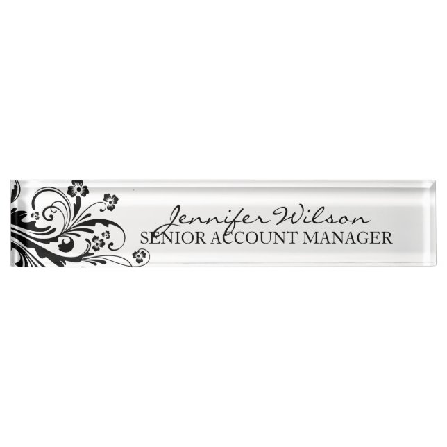 Porte-nom Pour Bureau Chic floral noir et blanc (Devant)
